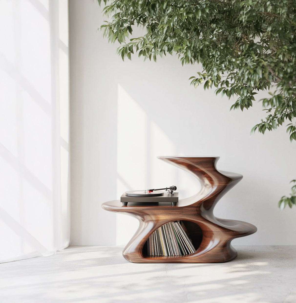 Skulpturaler Holz-Plattenspielerständer – Organischer moderner Vinyl-Tisch