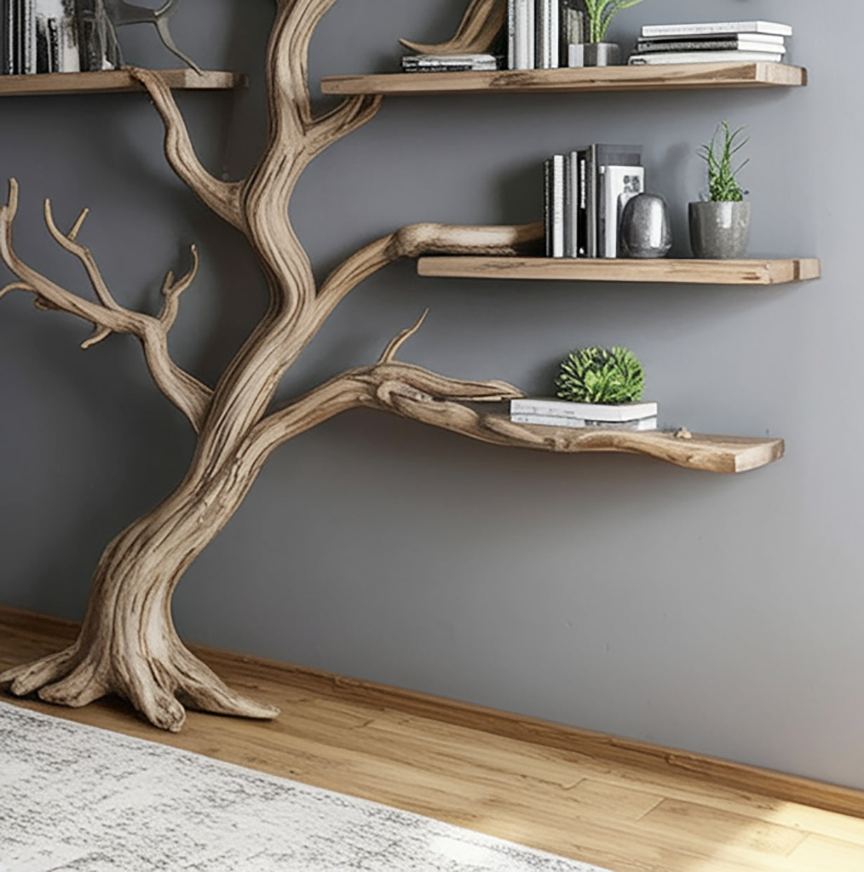 Künstlerisches Wandregal aus Baumästen – Holz Bücherregal