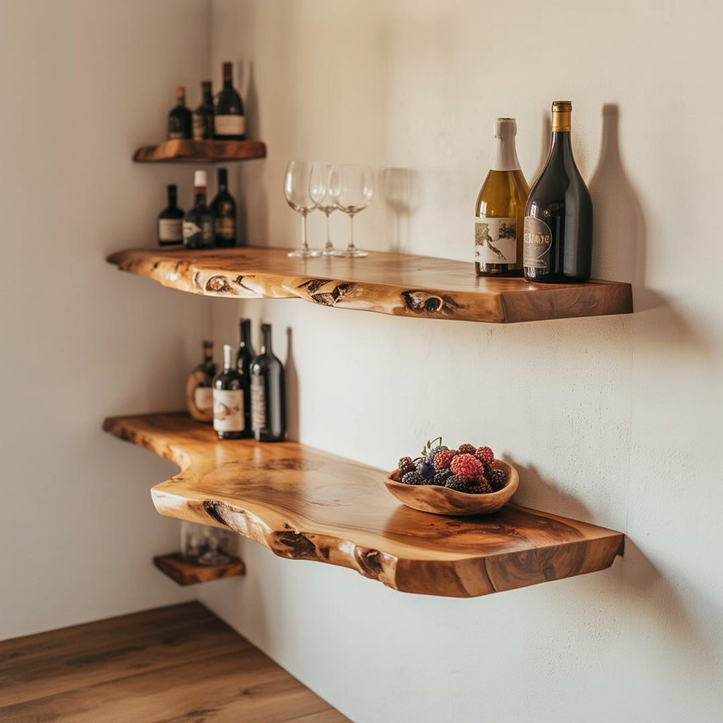 Schwebendes Eckregal mit Baumkante aus Holz – Wanddekoration