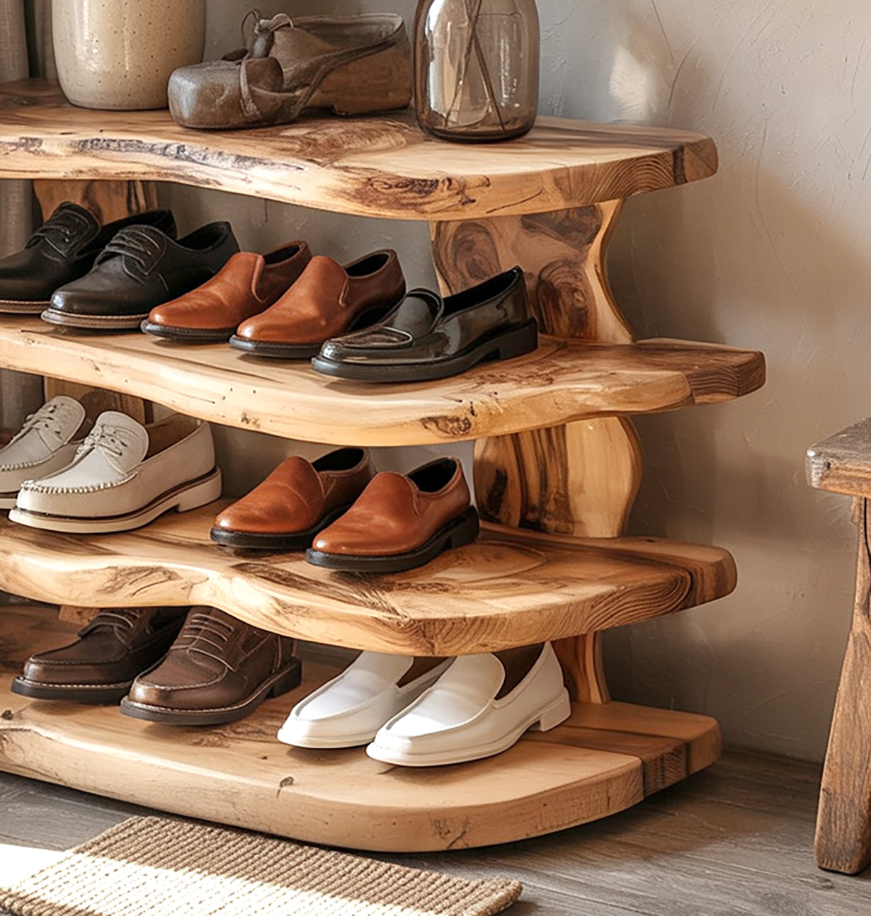 Handgefertigtes Schuhregal mit Baumkante – rustikaler Organizer aus Massivholz