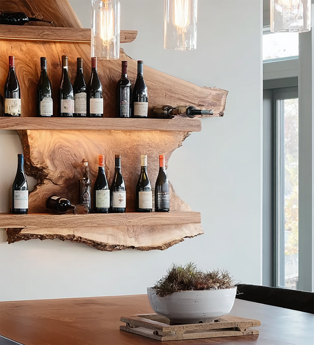 Weinregal aus Massivholz mit Baumkante – handgefertigt, wandmontierbar