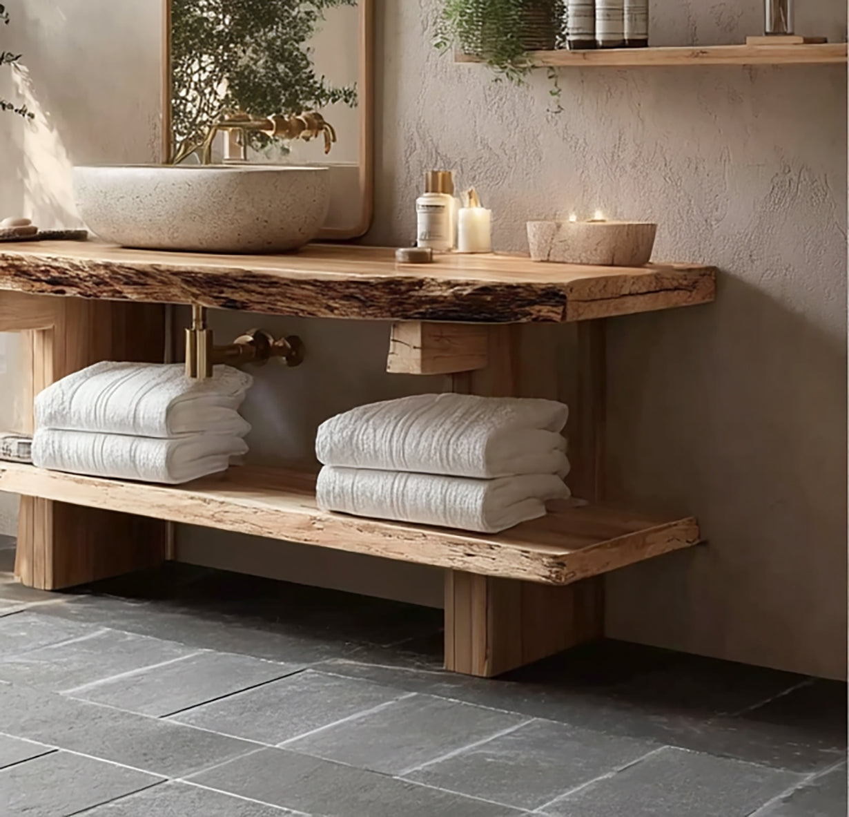 Handgefertigter Rustikaler Massivholz-Waschtisch mit Live Edge & Ablage