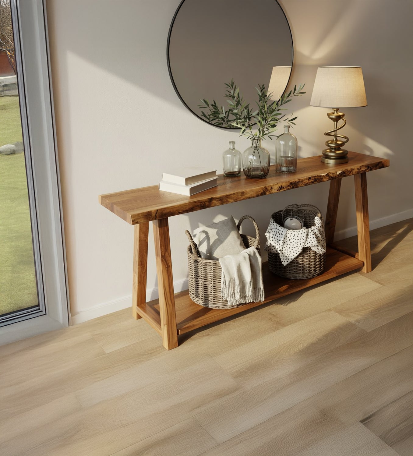 Rustikaler Konsolentisch aus recyceltem Holz – Live-Edge-Tisch für den Eingangsbereich