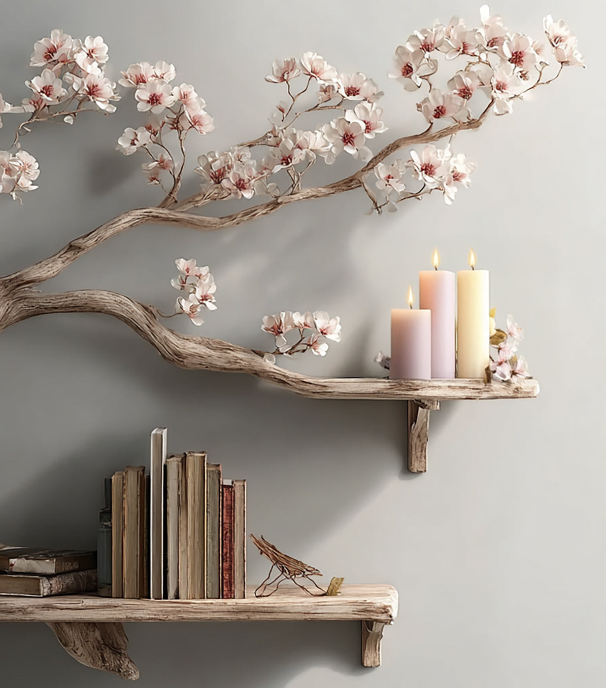 Treibholz-Bücherregal in Baumform – rustikaler Wandständer