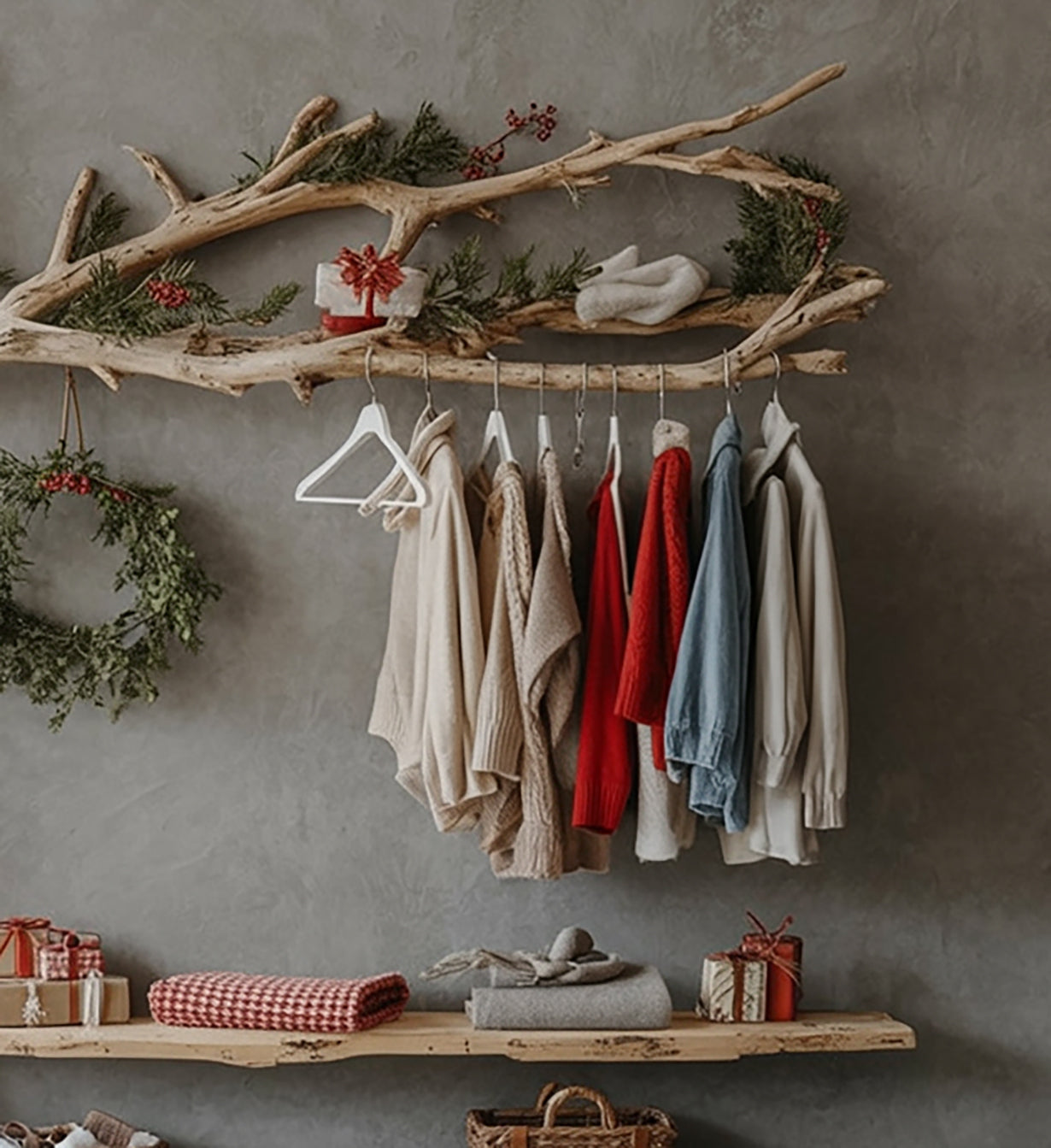 Wandmontierte Treibholz-Garderobe – Baumast-Hakenleiste mit Ablage und Schuhaufbewahrung