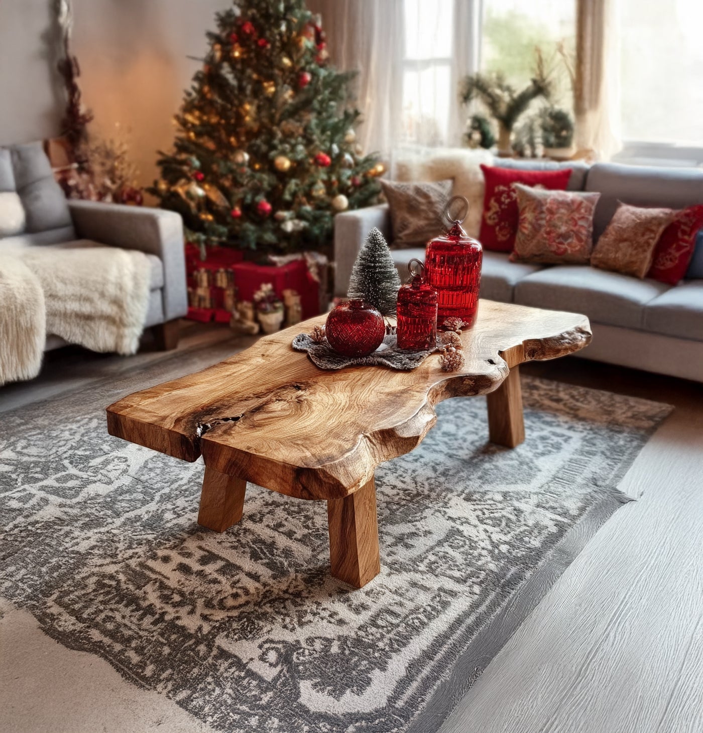 Massivholz-Couchtisch mit Naturkante – Handgefertigtes Mid-Century-Akzentmöbel