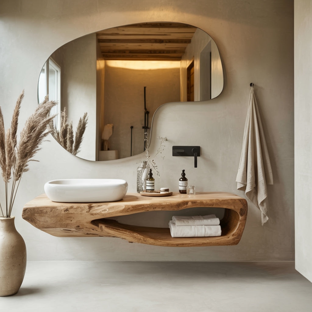 Rustikaler schwebender Badezimmerschrank – Massivholz mit Naturkante, handgefertigt