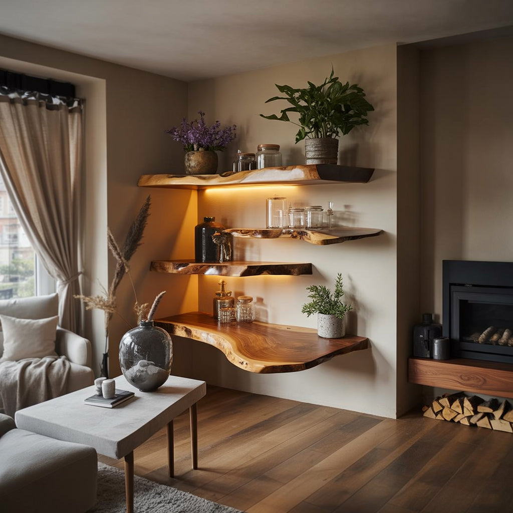 Schwebende Live-Edge-Walnussregale aus massivem Holzdekor Design Stile