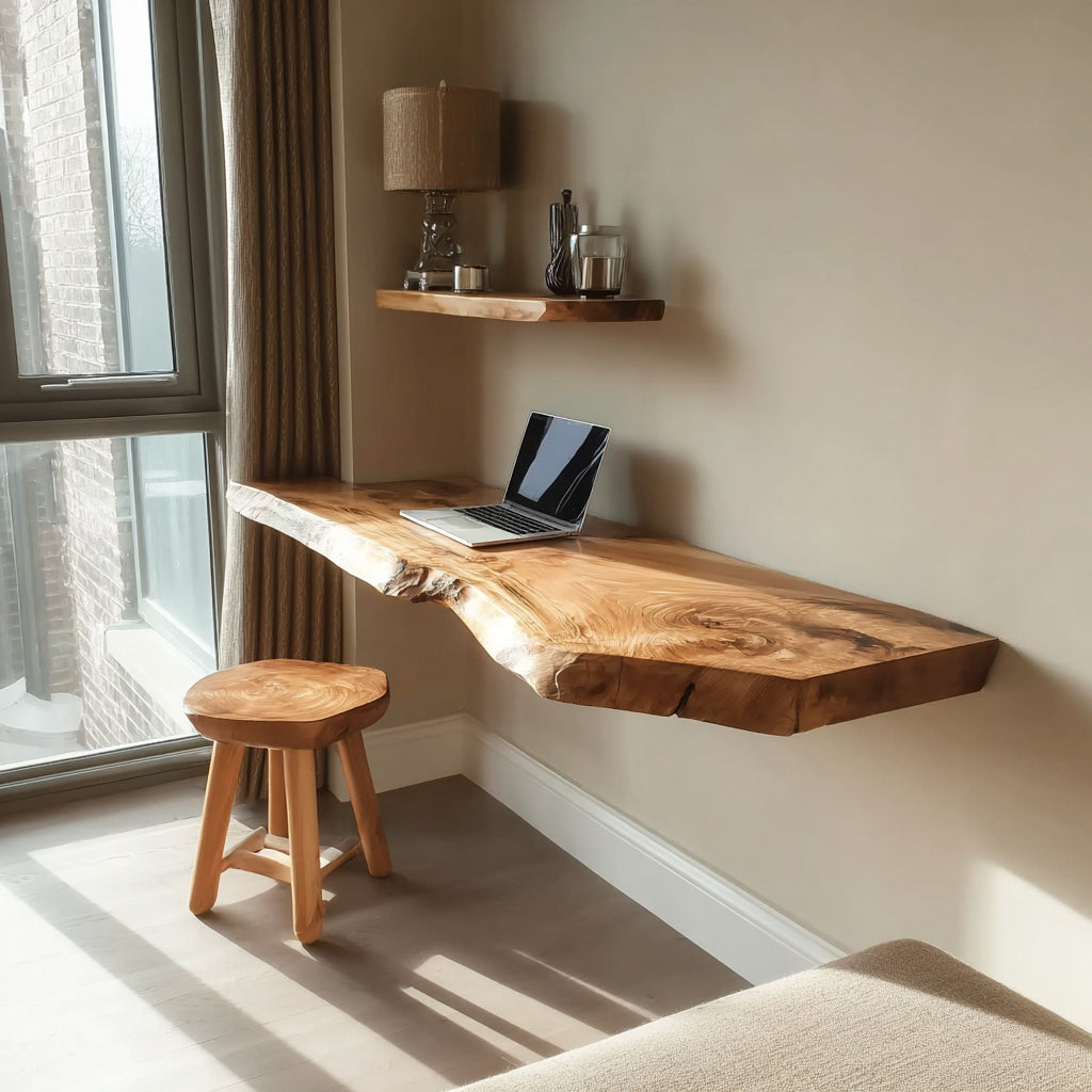 Handgefertigter schwebender Live-Edge-Wandschreibtisch aus Massivholz