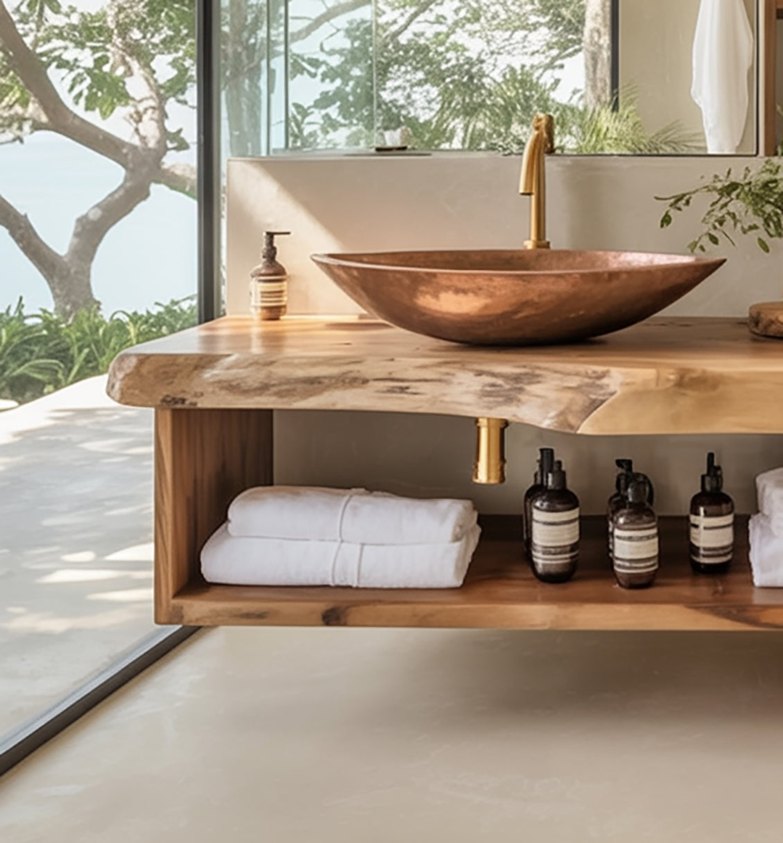 Handgefertigter schwebender Badezimmer-Waschtisch aus Massivholz – Farmhouse-Stil