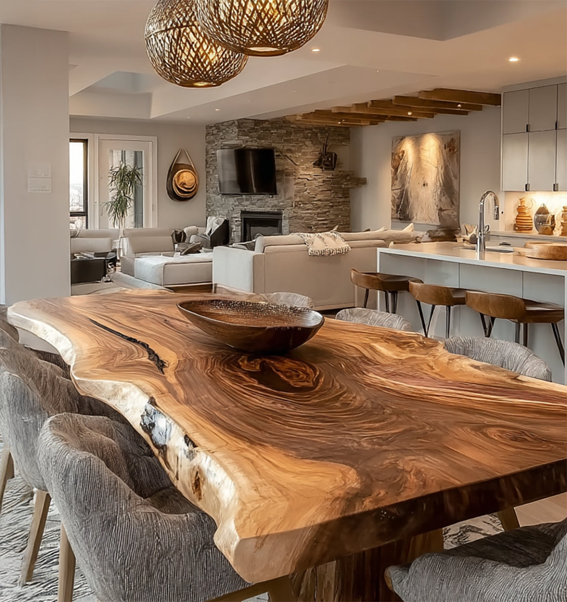 Live Edge Esstisch – Handgefertigte Massivholzplatte im rustikalen Bauernhaus-Stil