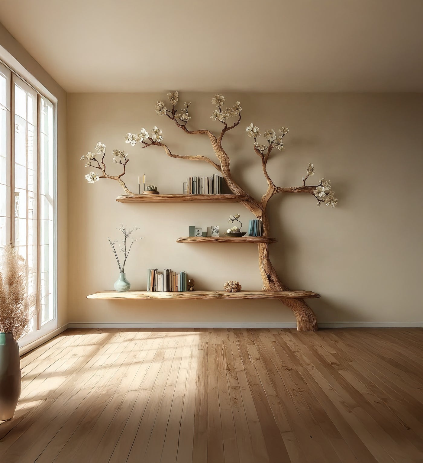 Massivholz-Baum-Bücherregal – Künstlerisches Ast-Regal, rustikal-modernes Design