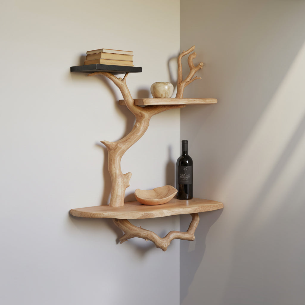 Schwebendes Eck-Bücherregal aus Baumast – Driftwood Wanddeko