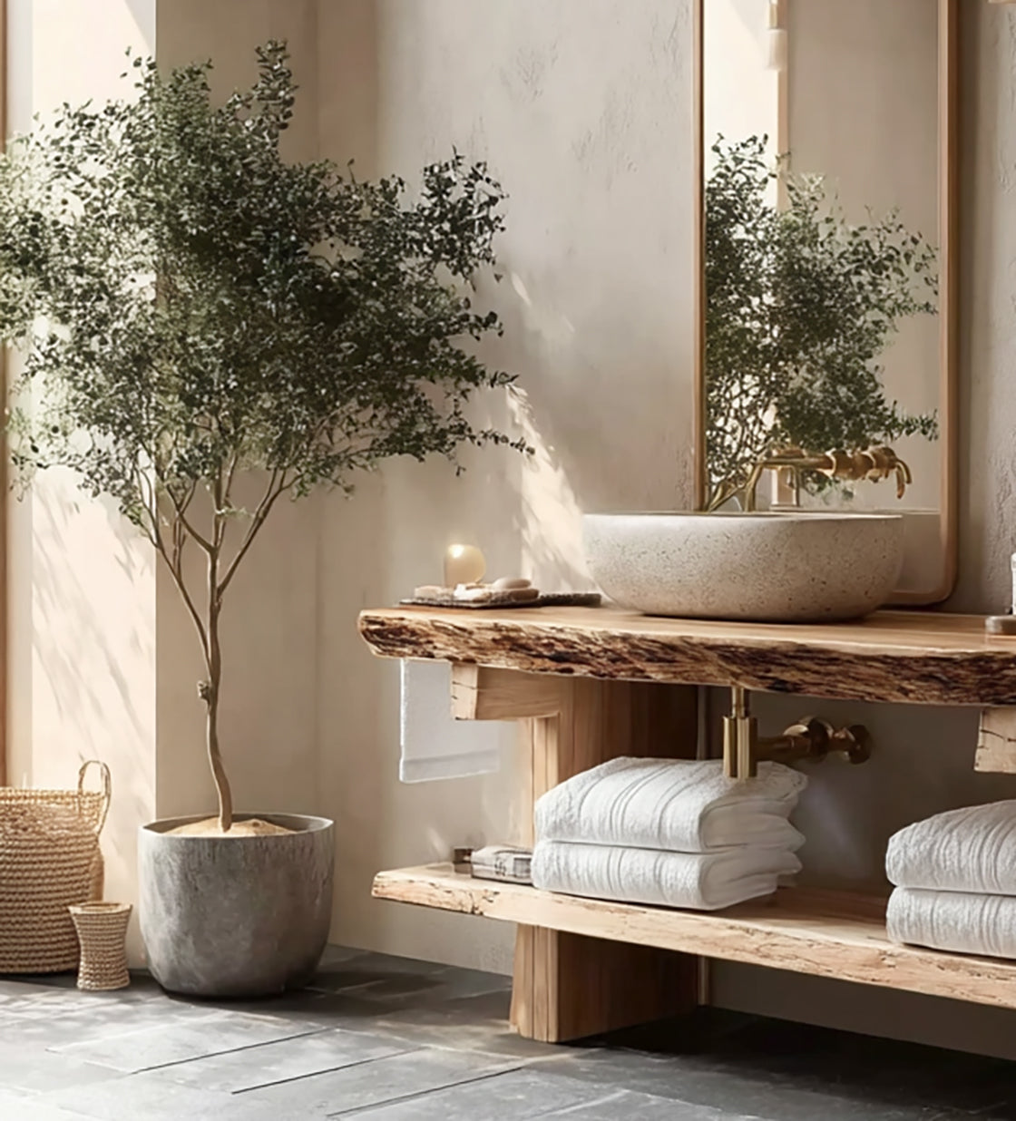 Handgefertigter Rustikaler Massivholz-Waschtisch mit Live Edge & Ablage