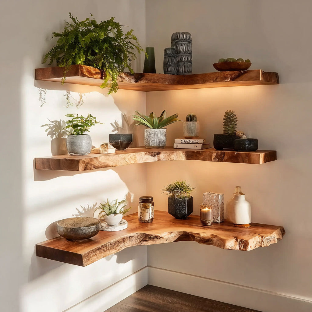 Live-Edge Eck-Floating Shelves – handgefertigtes Massivholz-Wandregal