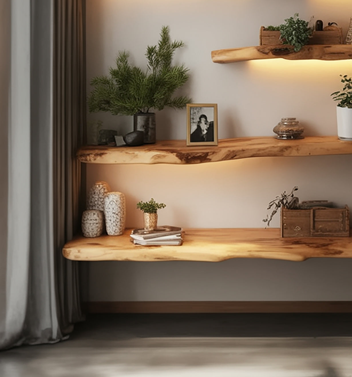Handgefertigte Schweberegale mit Naturkante – Gewellt geschnitztes Holz-Wandregal