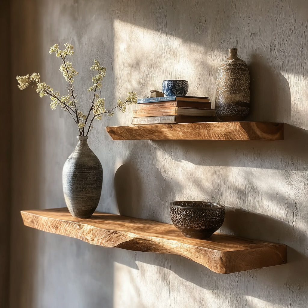 Natürliche Live-Edge-Floating Shelves – tiefes, wandmontiertes Regal
