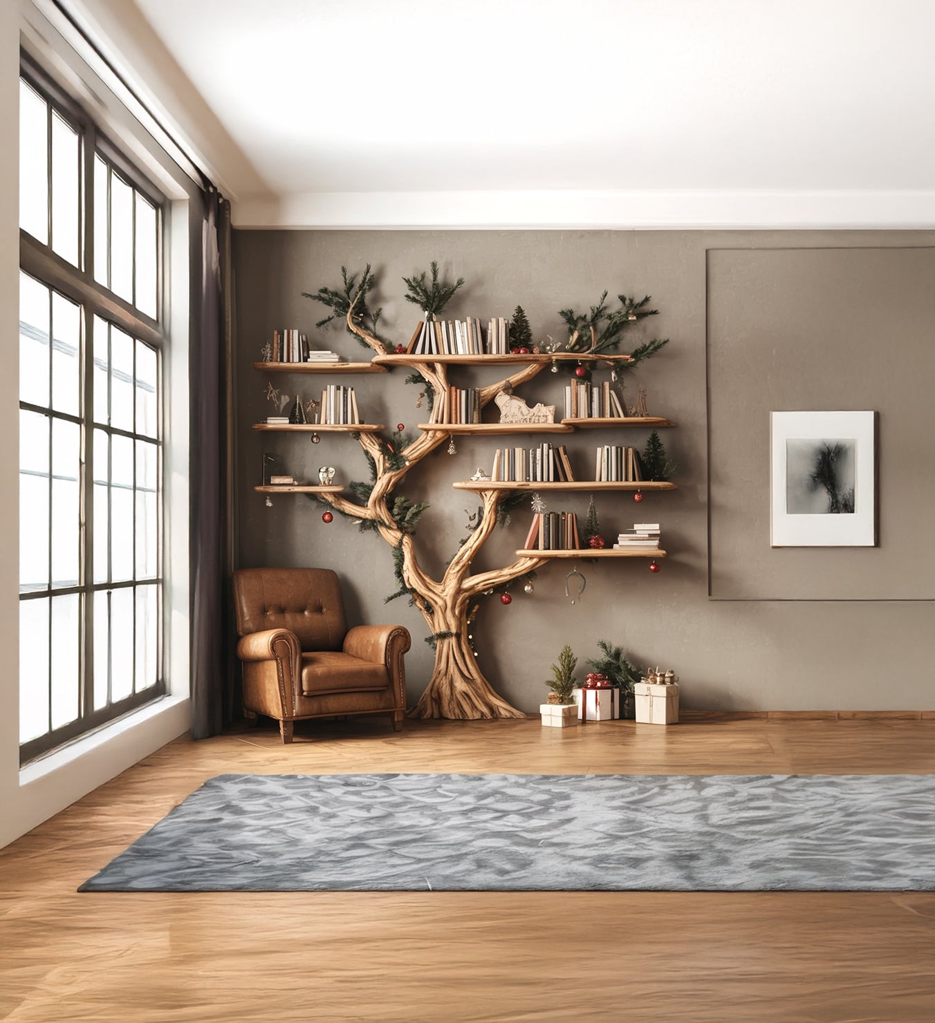 Rustikales Baum-Bücherregal aus Holz – Ast-Design fürs Wohnzimmer