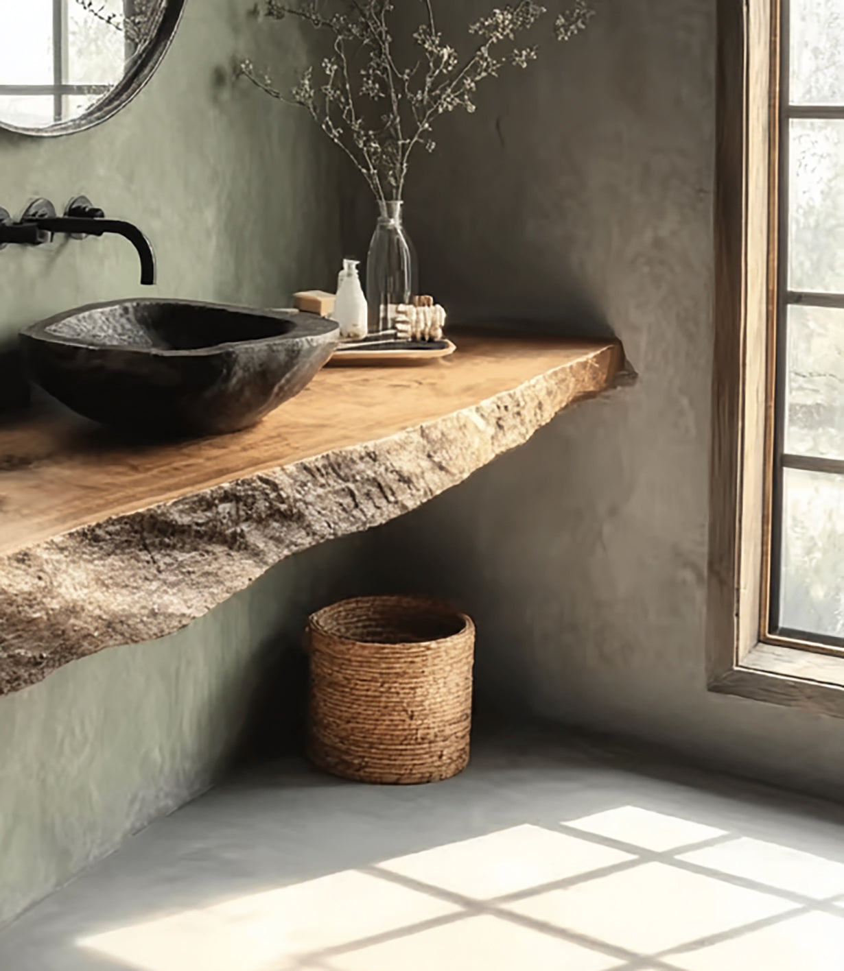 Rustikales schwebendes Badregal – Handgefertigt aus Massivholz mit Live-Edge-Design