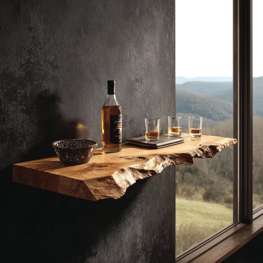 Handgefertigtes Live Edge Barregal – rustikale schwebende Massivholz-Bar