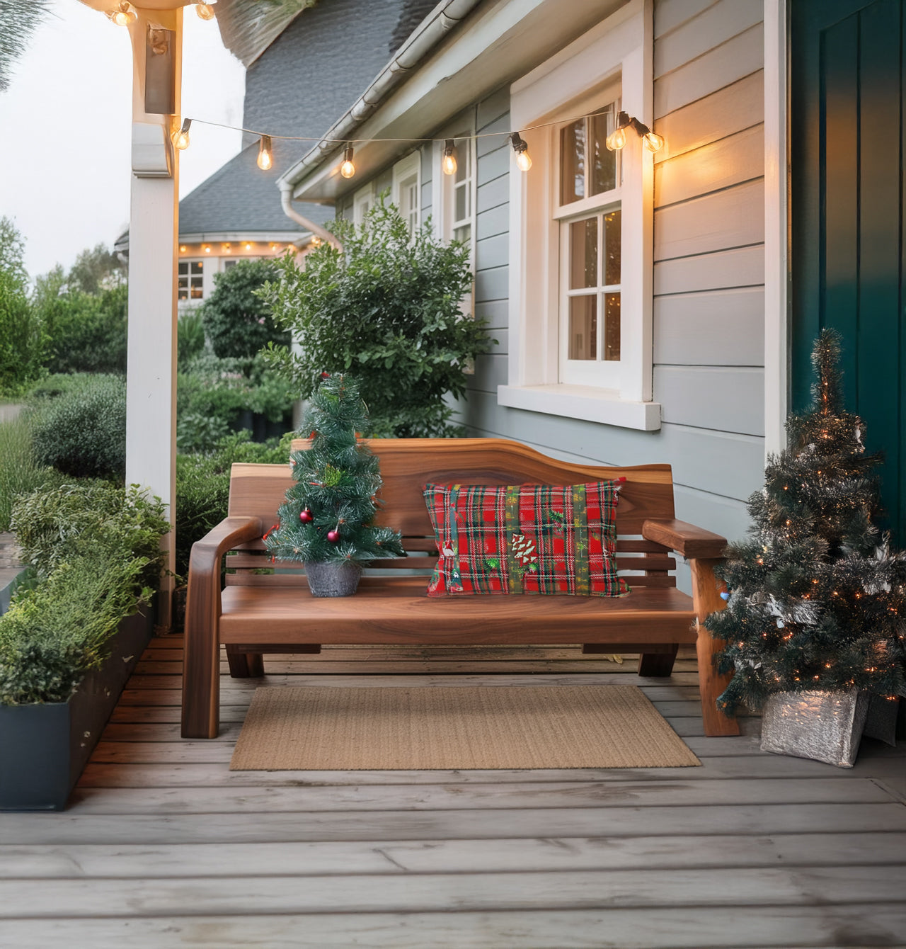 Rustikale Outdoor-Holzbank – geschwungene Rückenlehne für Veranda & Garten