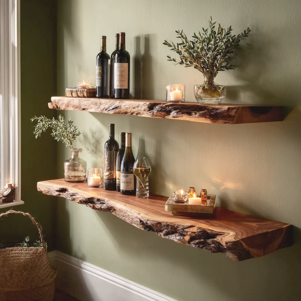 Handgefertigtes Live Edge Barregal – rustikales Massivholz-Wandregal für Küche & Bar