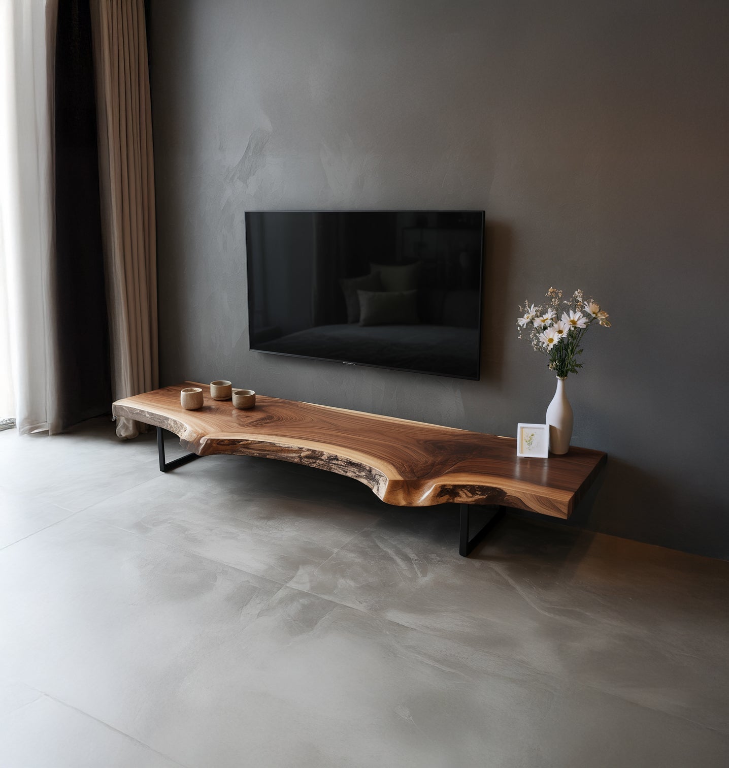 Rustikaler TV-Schrank – Walnuss, Baumkante, handgefertigte schwebende Konsole