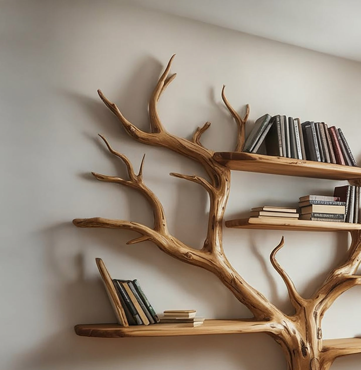 Handgefertigtes Baumast-Bücherregal – Individuelles schwebendes Wandregal