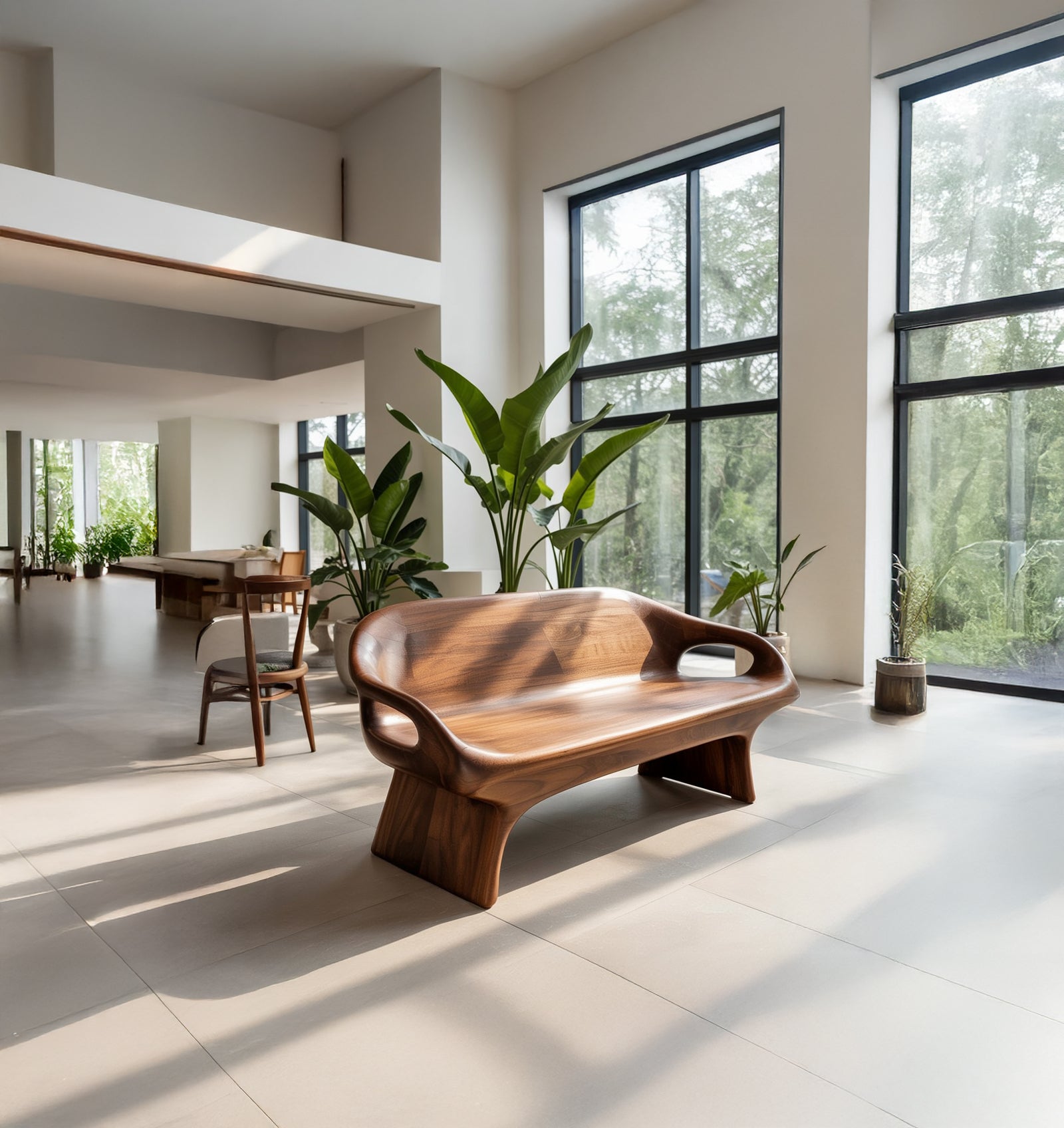 Skulpturale Massivholzbank – Handgefertigte moderne, organische Sitzgelegenheit