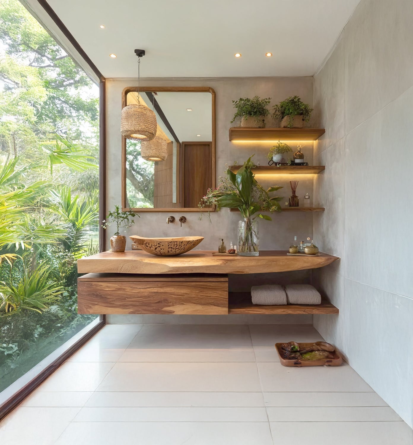 Schwebender Badschrank aus Massivholz mit natürlicher Baumkante und Schublade