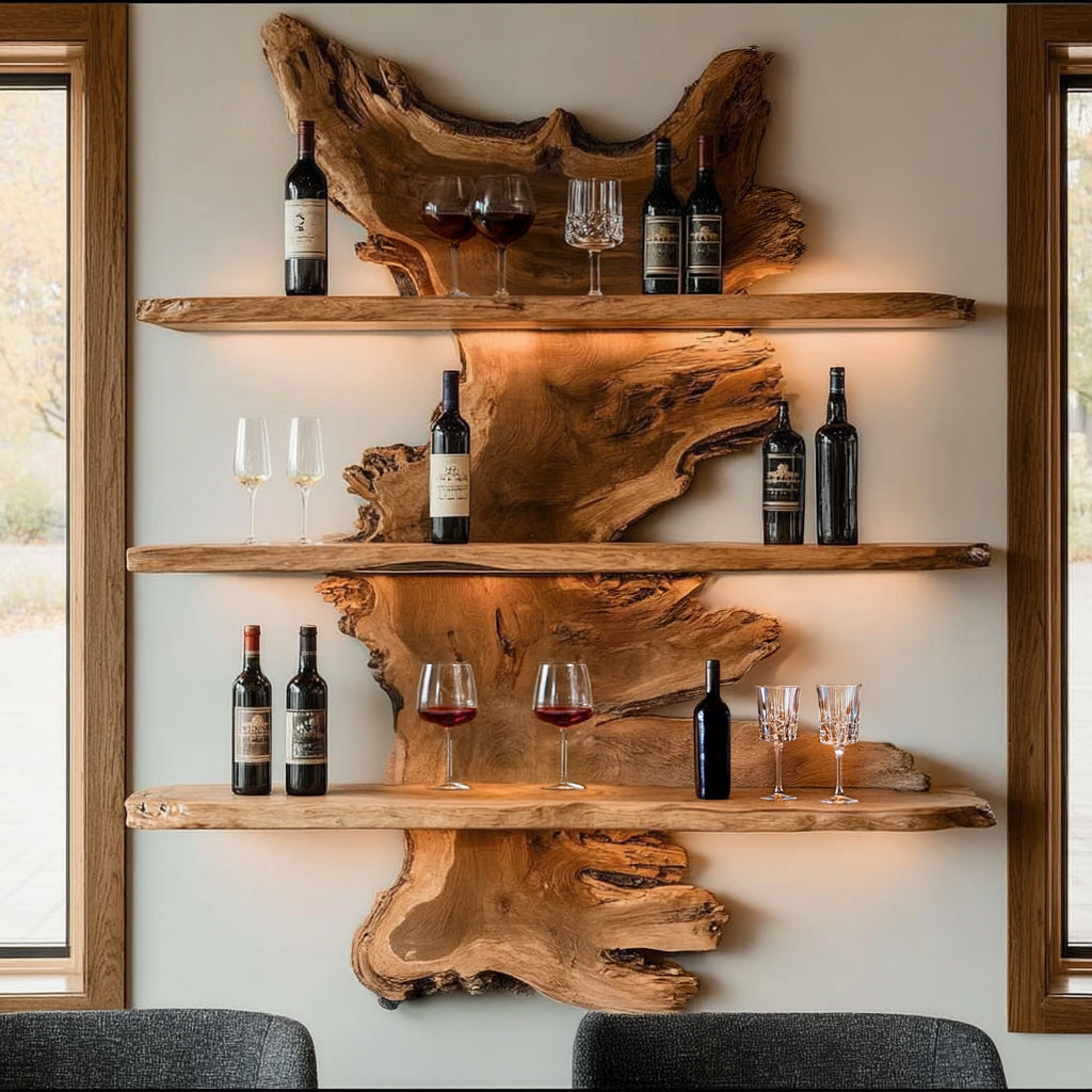 Handgefertigtes 3-stöckiges Floating-Barregal aus Massivholz – Rustikaler Wandbar-Halter