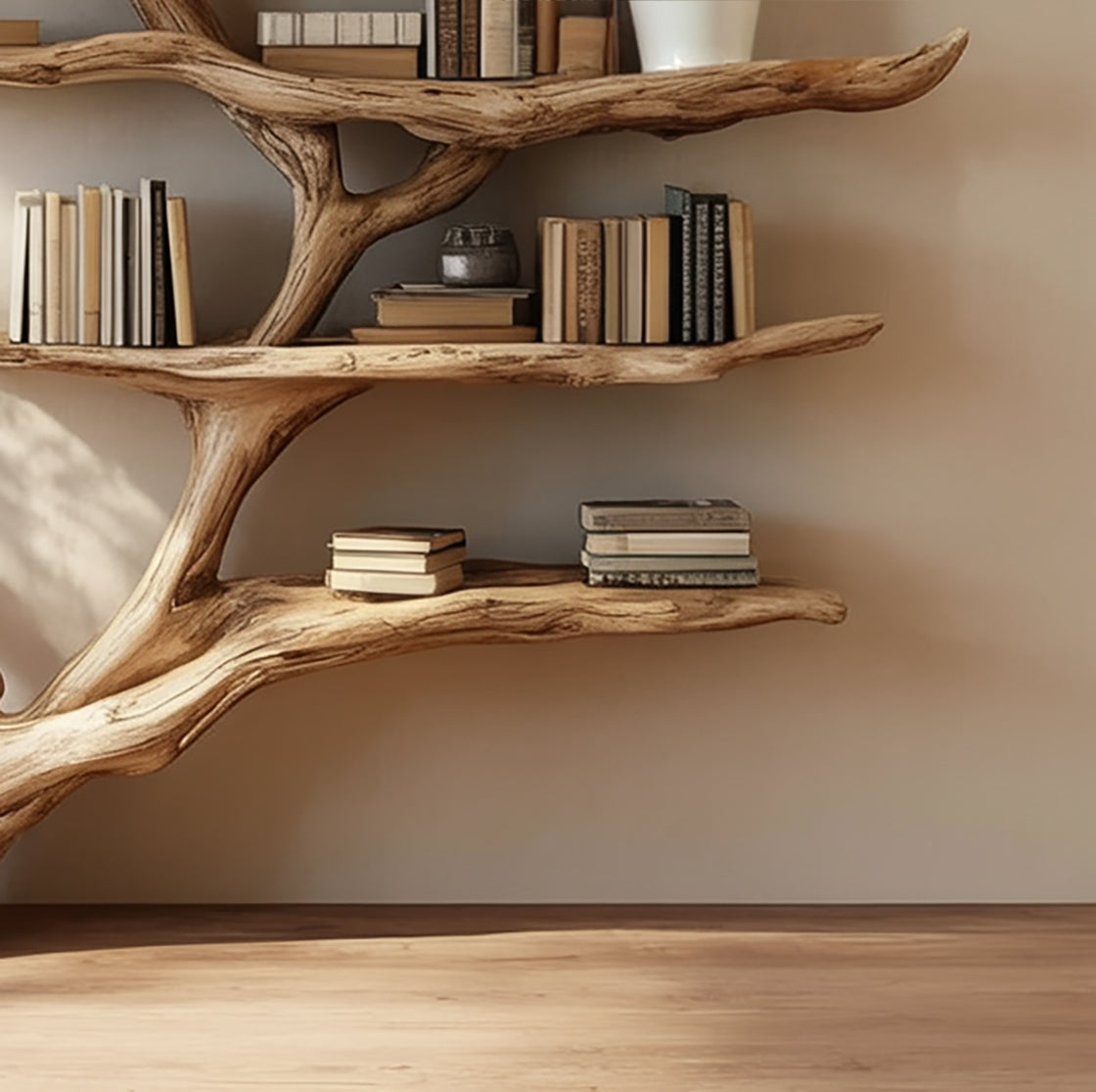 Regal aus Baumästen mit natürlicher Kante – handgefertigtes Holzregal, rustikales Dekor