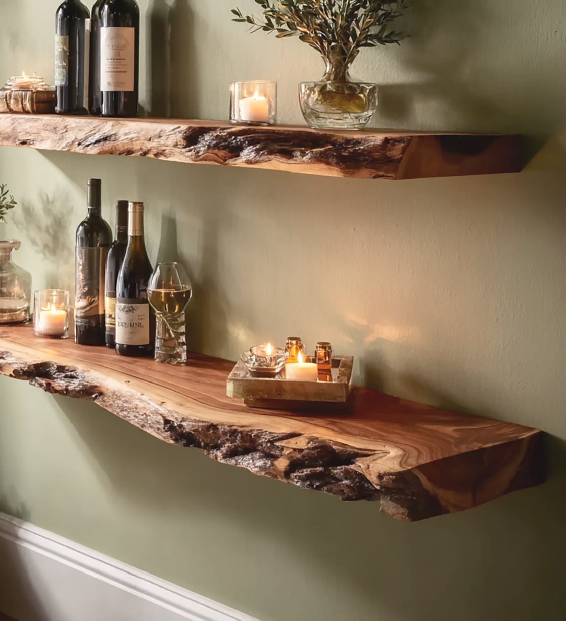 Handgefertigtes Live Edge Barregal – rustikales Massivholz-Wandregal für Küche & Bar