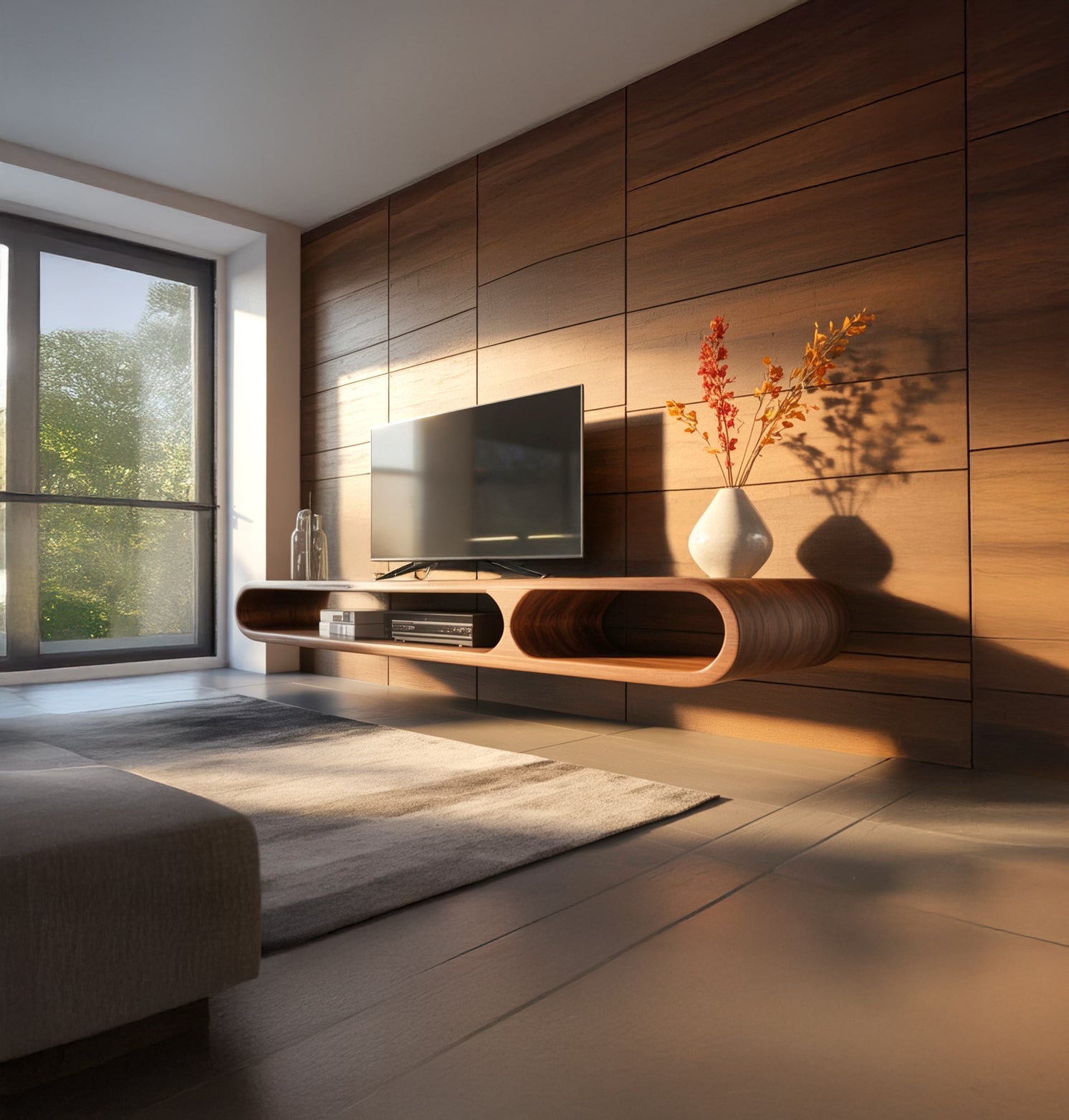 Moderner schwebender TV-Schrank – gebogene Massivholz-Konsole, handgefertigt