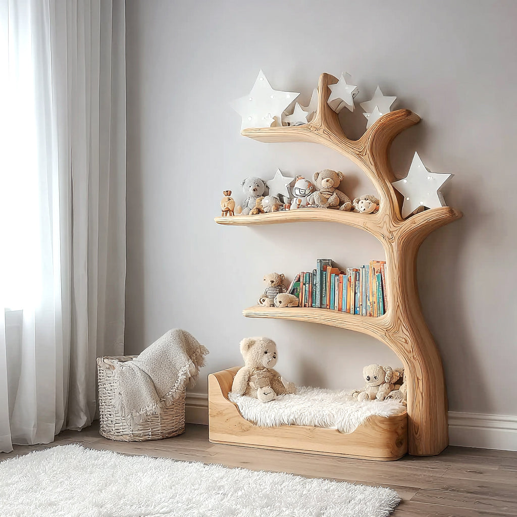 Handgefertigtes Kinder-Baumregal aus Holz – rustikales Eck- oder Astregal
