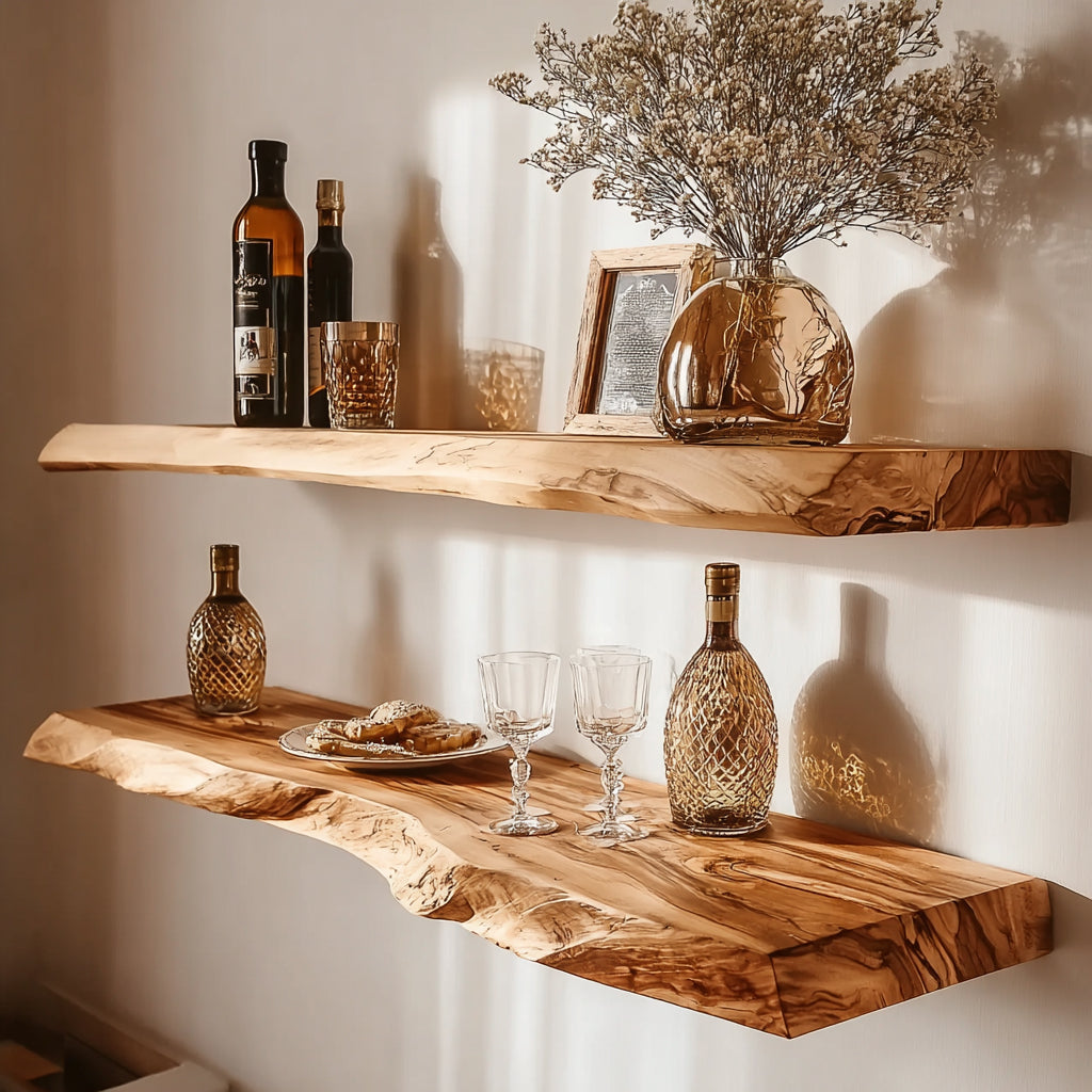 Schwebendes Bar-Regal aus Massivholz mit Naturkante – rustikales Wandregal