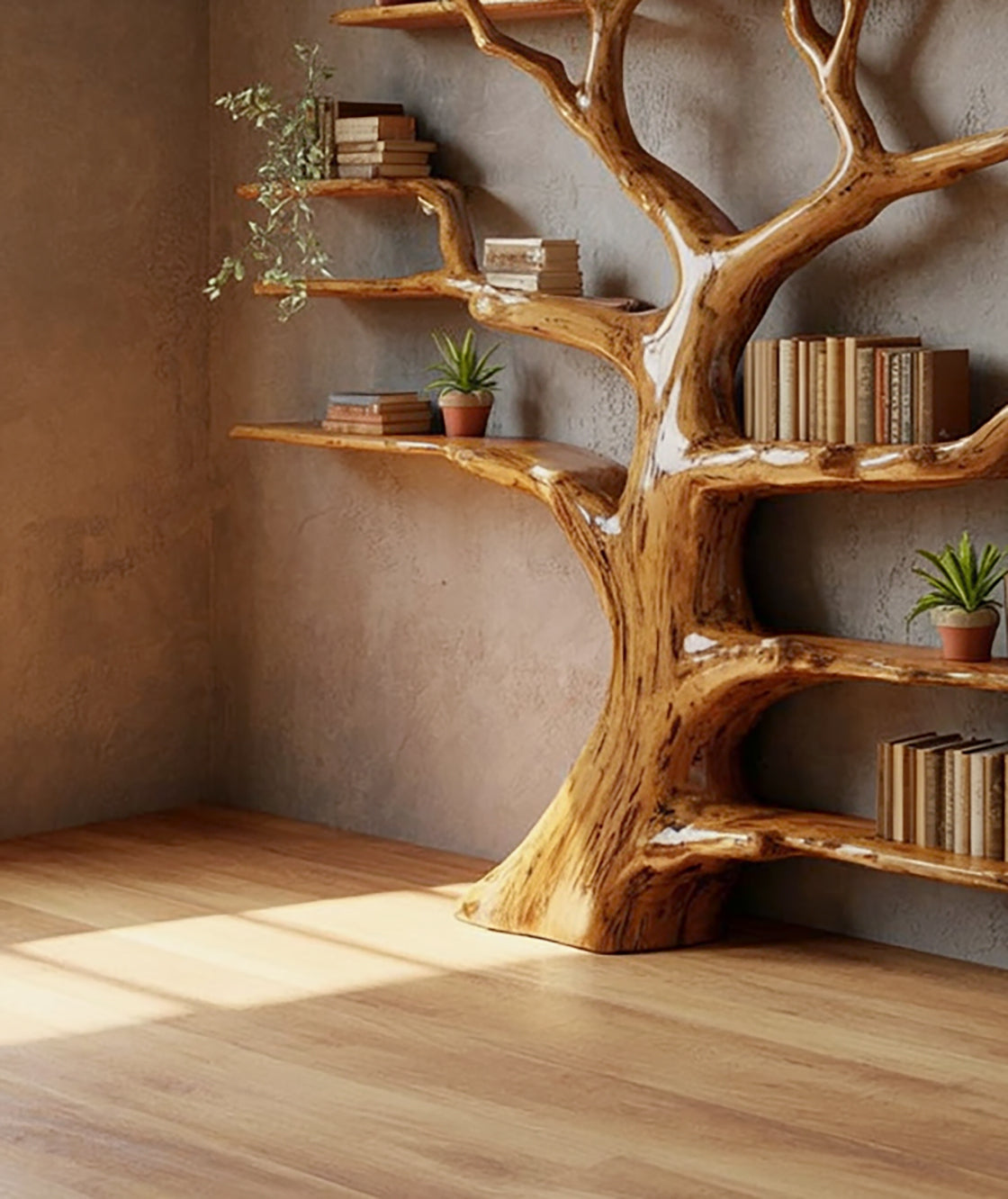 Baum-Bücherregal – Rustikales Holzregal in Baumform, Wandmontiertes Naturholz-Dekor