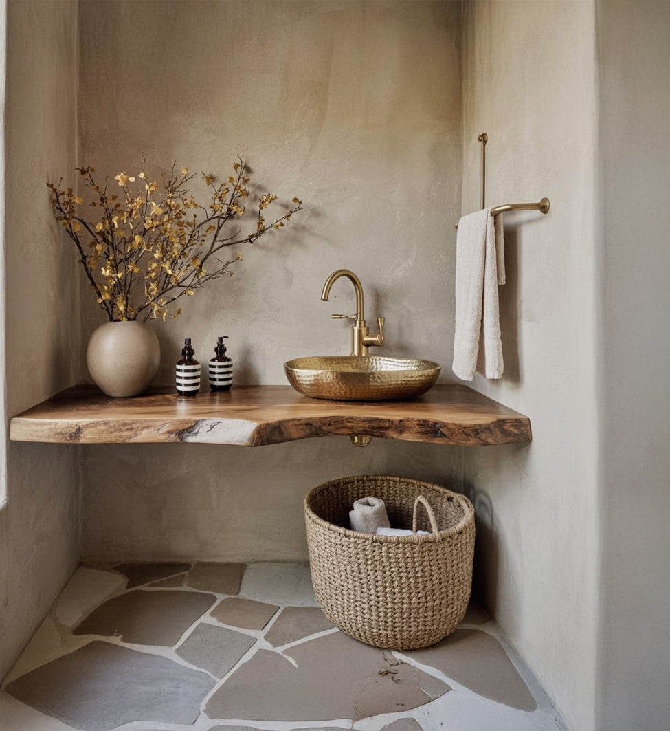 Schwebendes Live-Edge Waschtischregal aus Massivholz – Rustikale Badablage