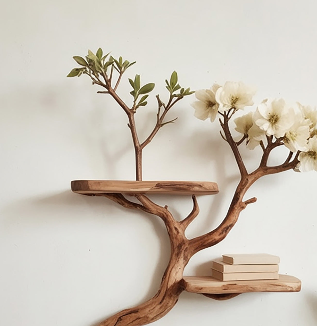 Schwebendes Treibholz-Bücherregal mit Naturkante und dekorativen Blumen