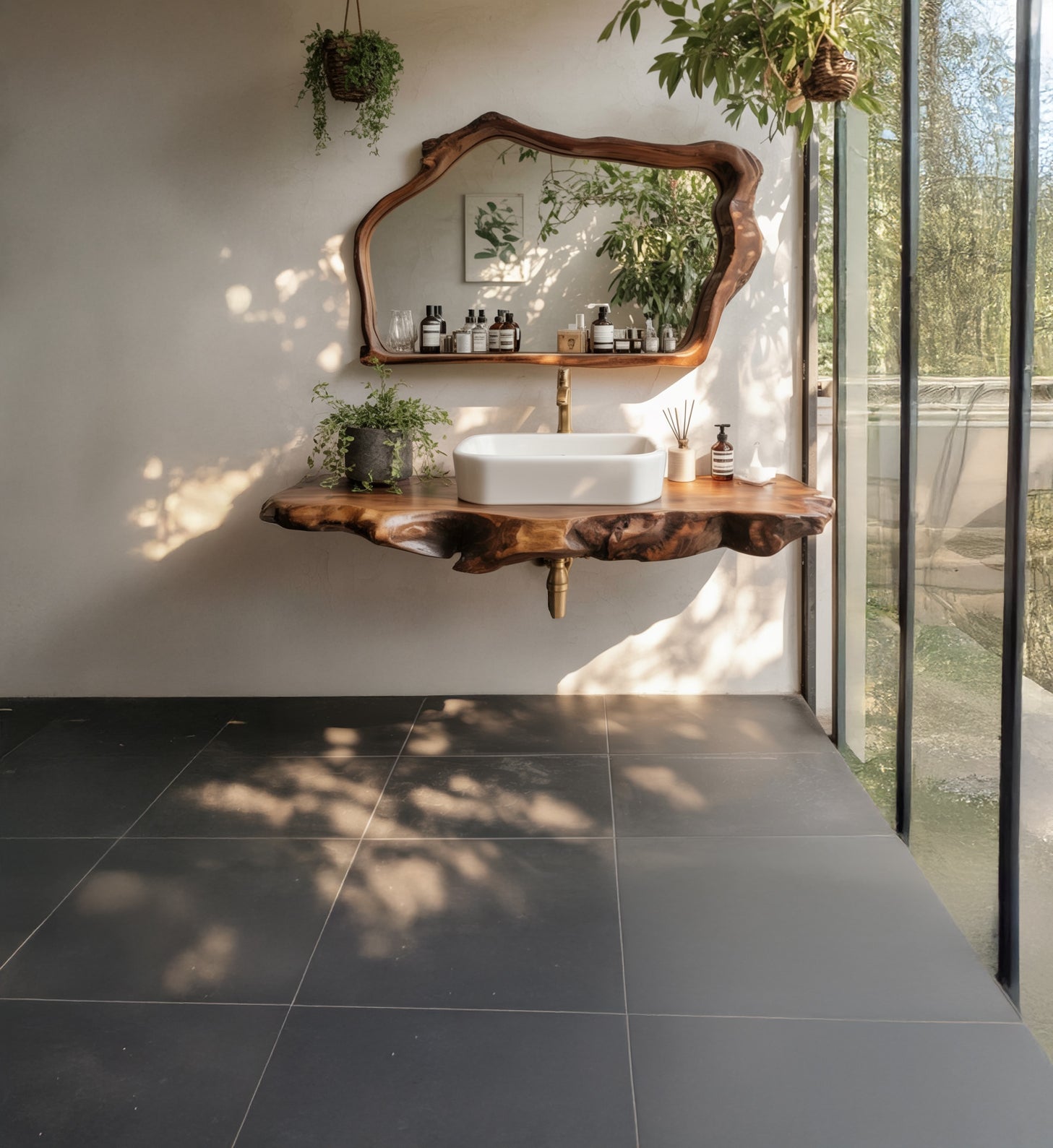 Handgefertigter Live-Edge Massivholz-Waschtisch mit Spiegel – Modernes Rustikales Badmöbel aus Naturholz