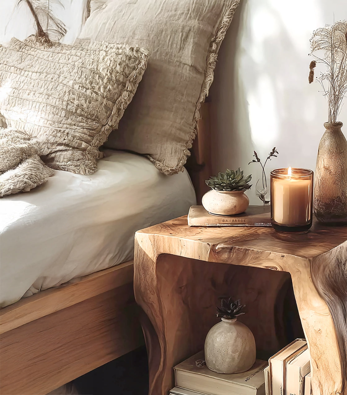 Nachttisch aus Massivholz mit Baumkante – handgefertigter Beistelltisch mit Regal