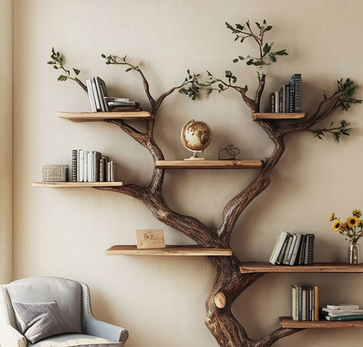Naturinspiriertes Massivholz-Bücherregal – Baum-Design für Wohnräume