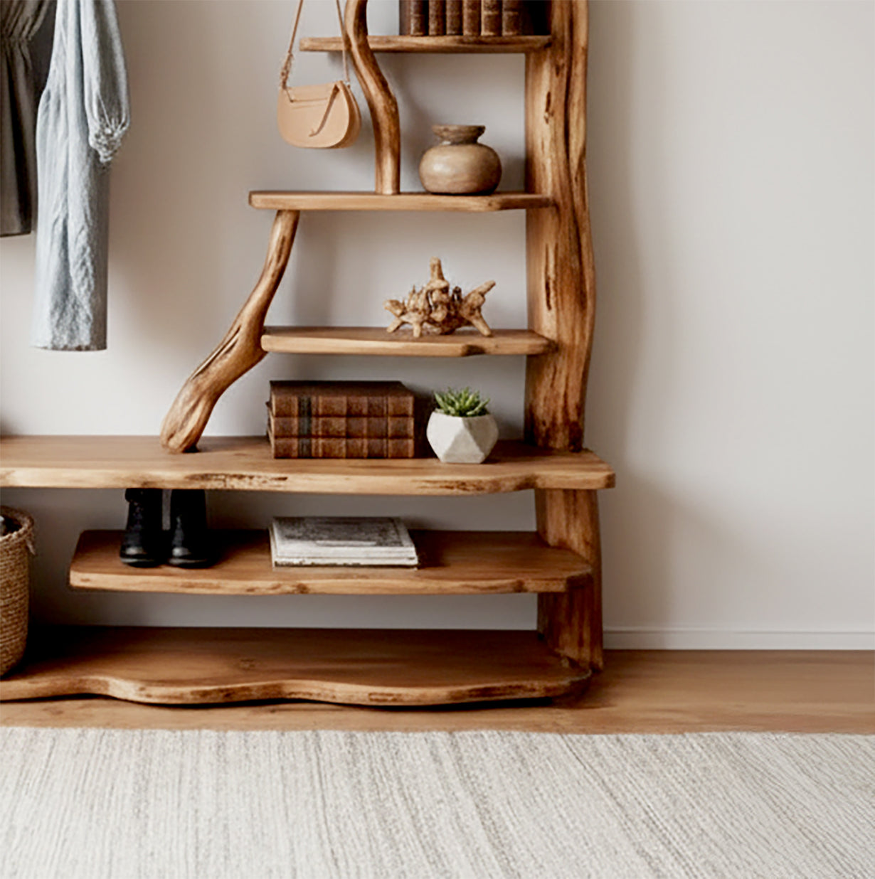 Baumzweig Wandgarderobe aus Treibholz mit Haken und Ablage