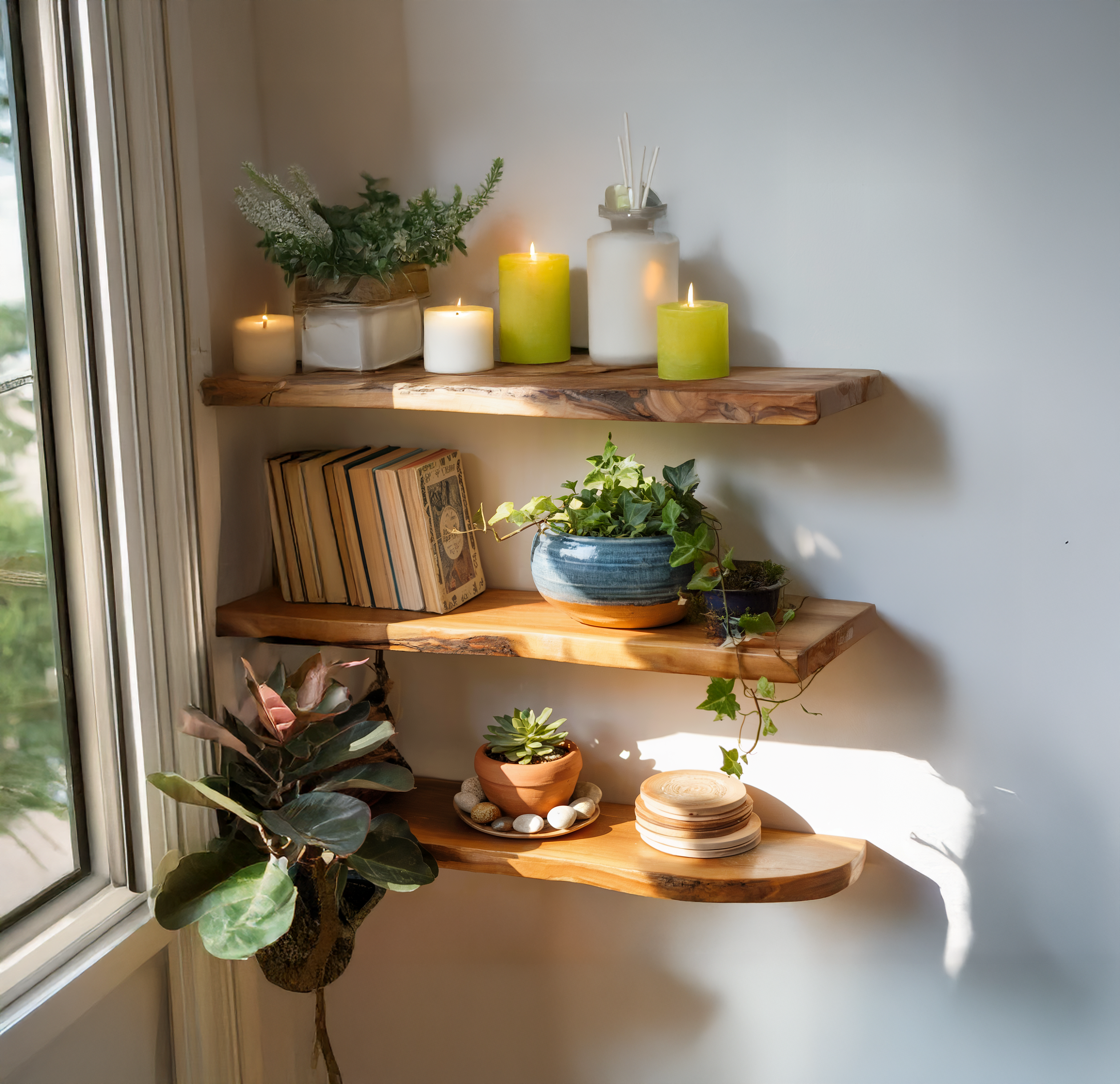 Schwebendes Eck-Wandregal mit Baumkante – Holzregal für Wohndekor & Aquarium