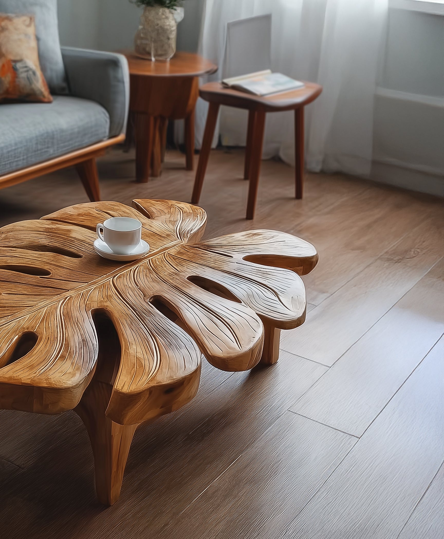 Handgefertigter Couchtisch aus Massivholz im Boho-Modern Stil