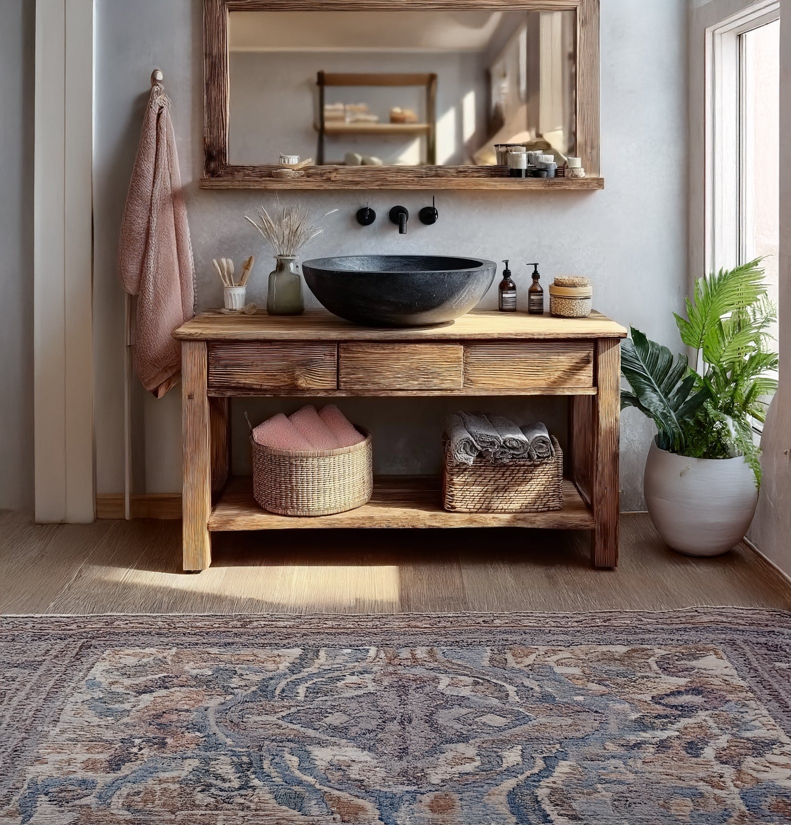 Rustikaler handgefertigter Waschtisch aus Massivholz mit Live-Edge-Design