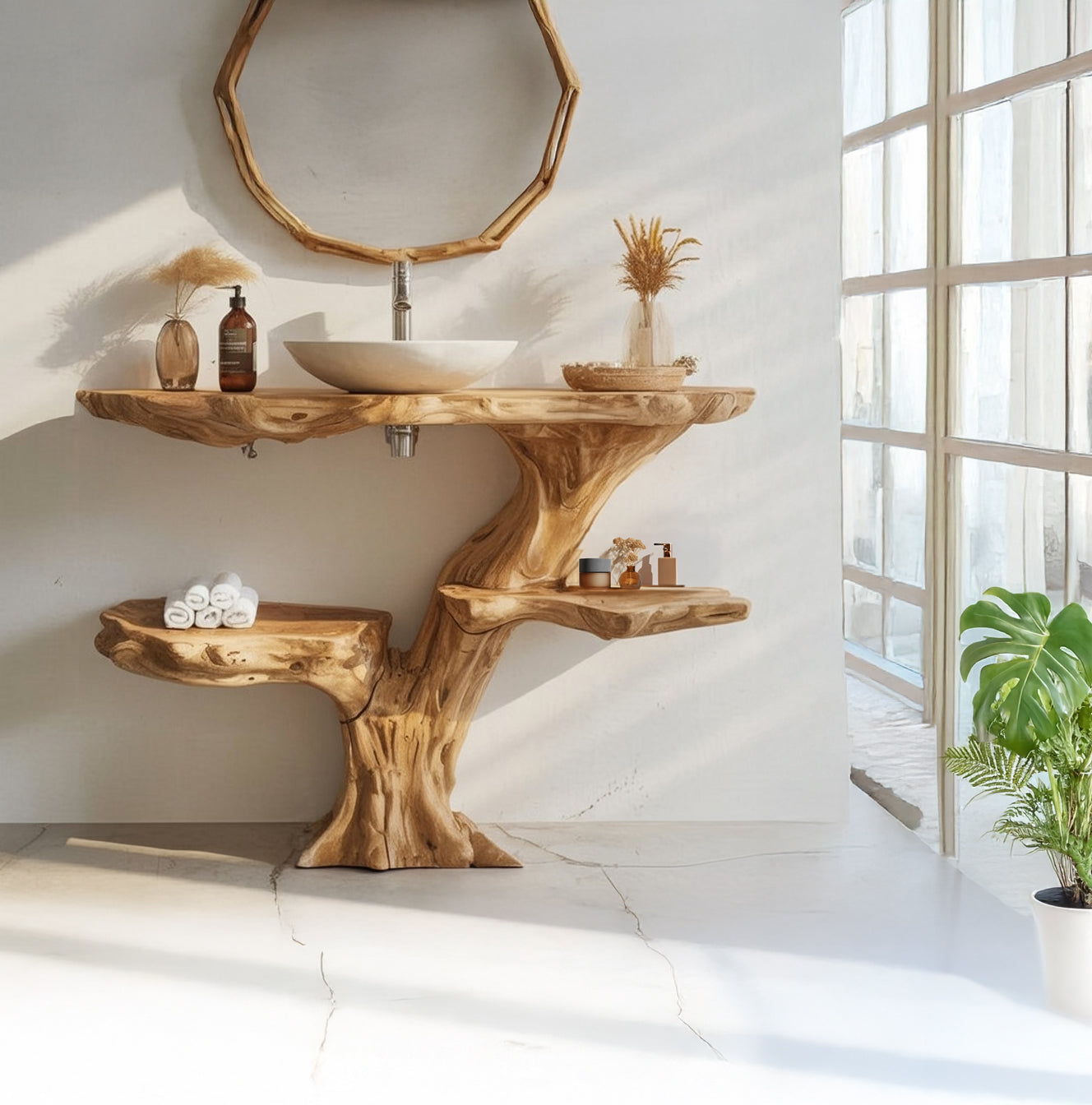 Rustikaler Wand-Waschtisch – recycelter Live-Edge-Holz-Waschtisch für das Badezimmer