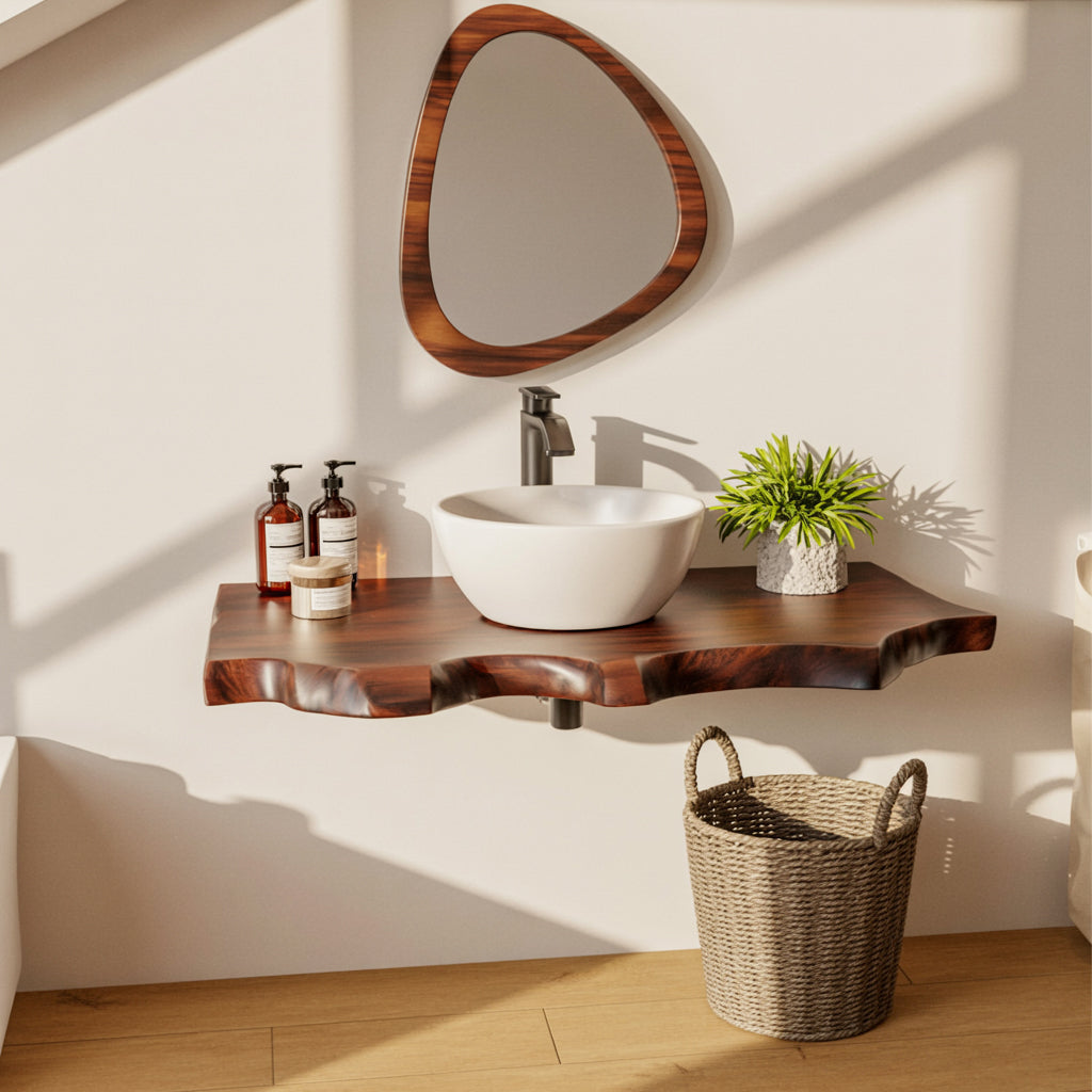 Handgefertigter Massivholz Waschtisch mit Baumkante schwebend