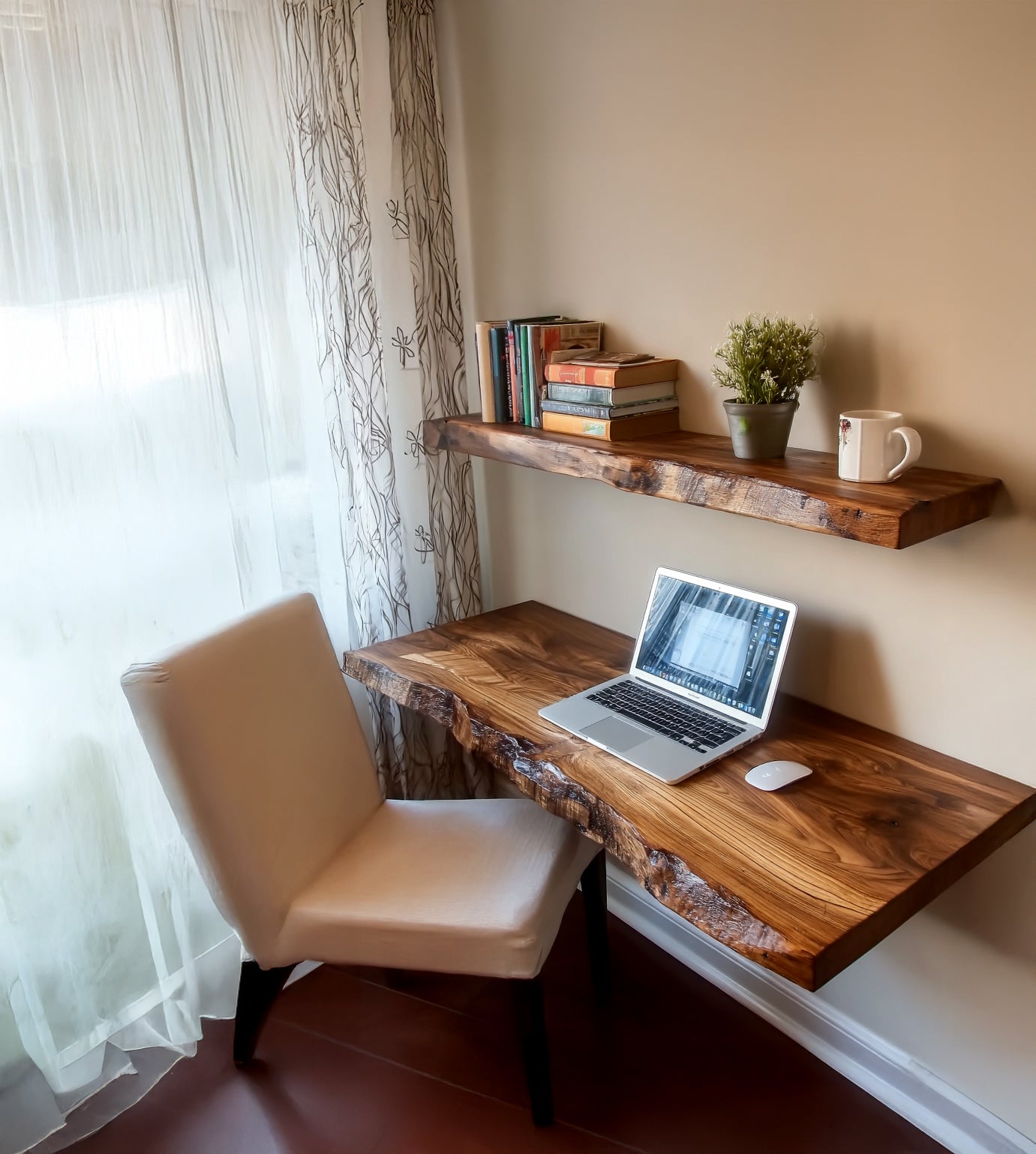 Handgefertigter Hänge-Schreibtisch – Rustikale Live-Edge Ablage