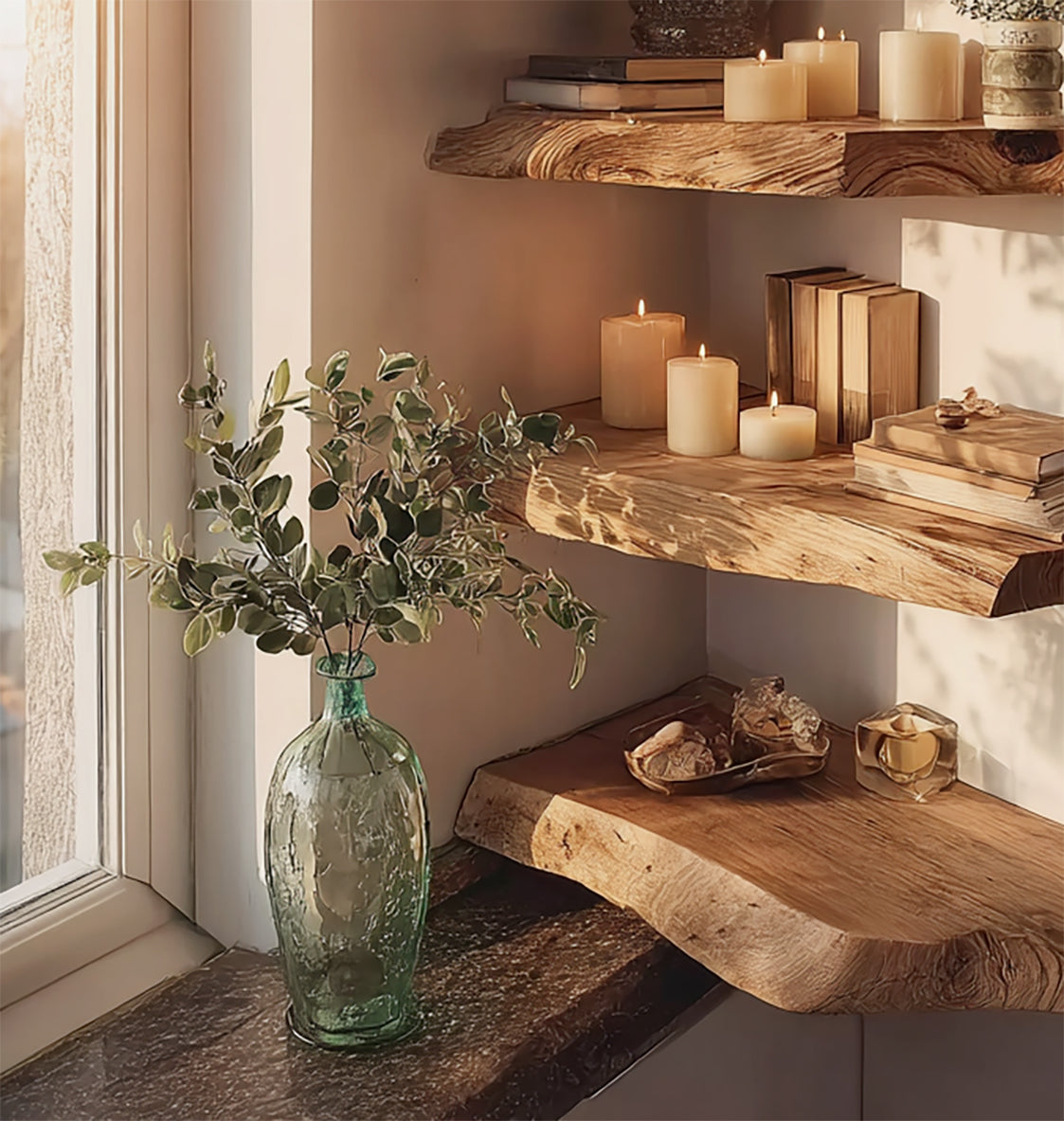 Handgefertigtes Wandregal – rustikales Floating-Eckregal im Landhausstil mit Baumkante